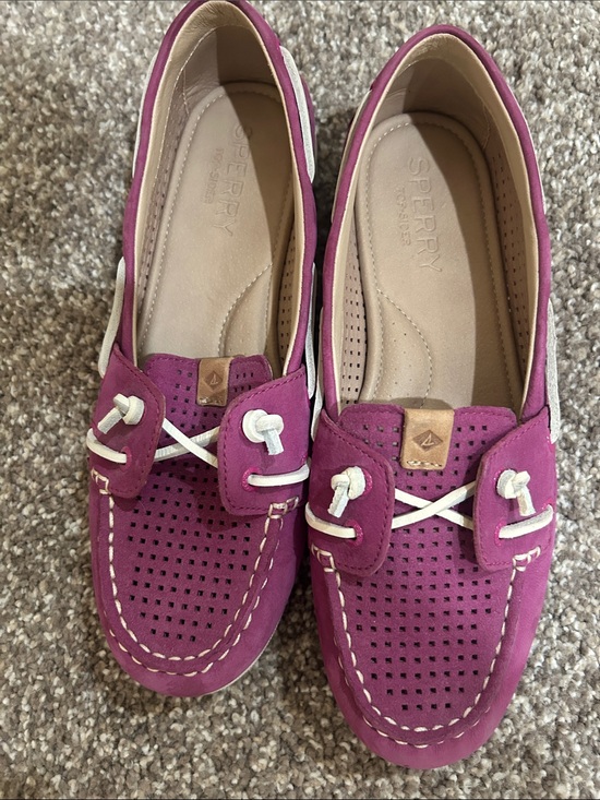 Sperry Shoes - Sperry Magenta Perforated Slip-On Loafers with White Laces